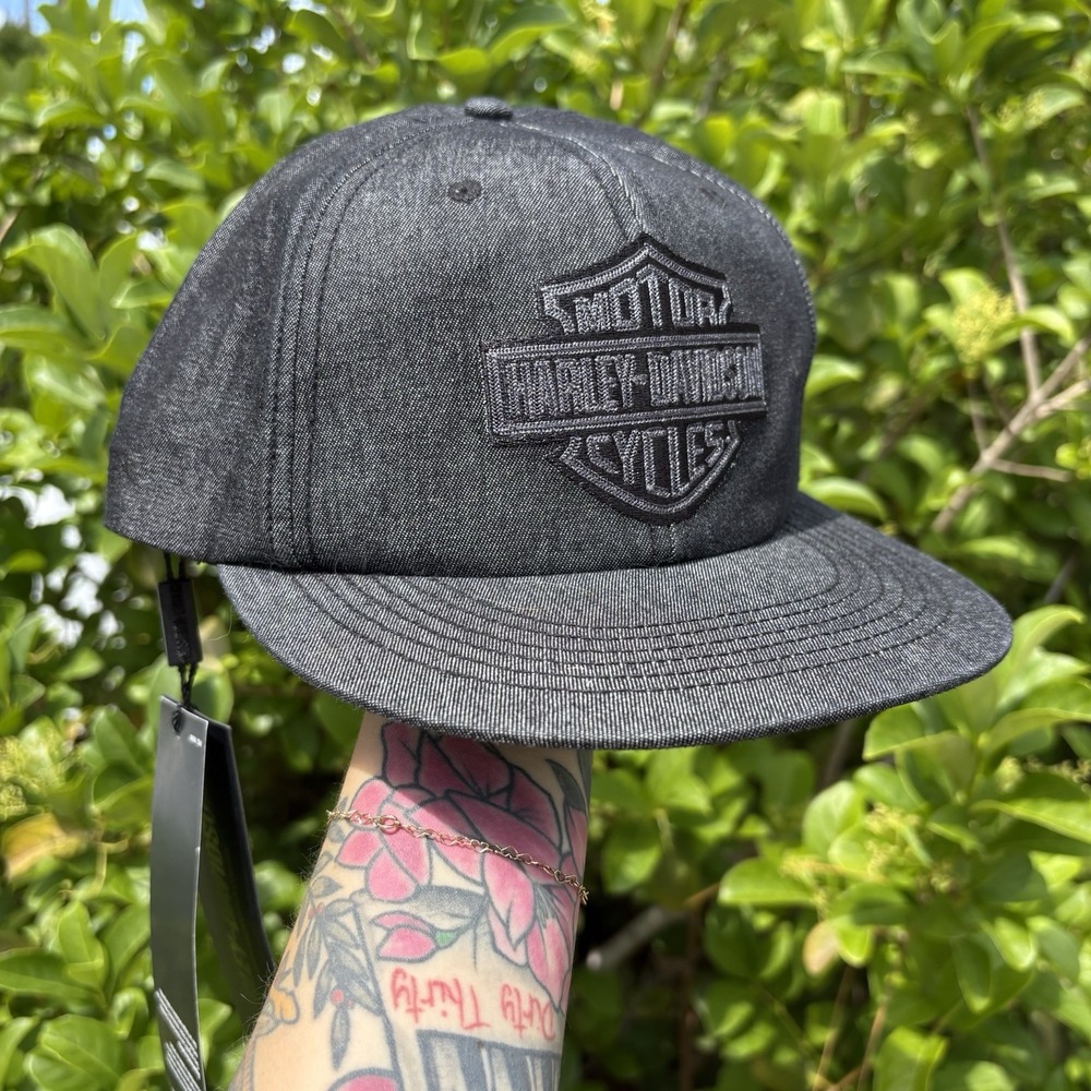 Harley Davidson Black Denim SnapBack Hat Cap Flat Brim Logo Cotton Authentic NWT